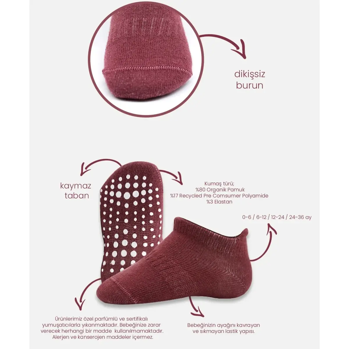 Bibaby Çorap Sneakers Bistyle 6lı Kaymaz Penye Gül Kurusu