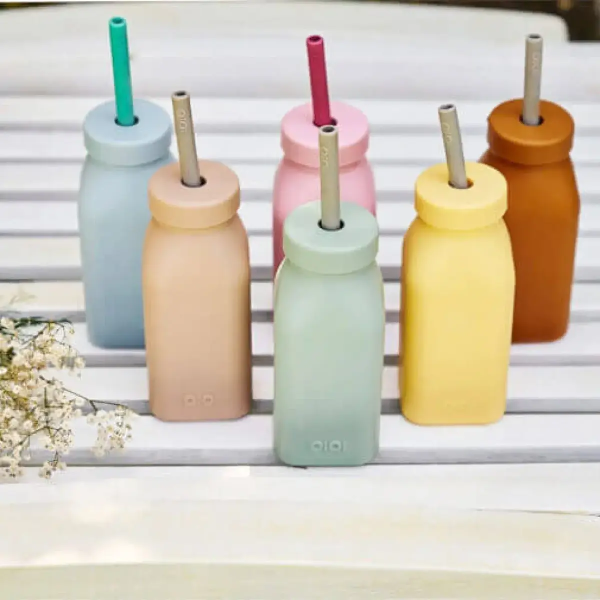 OiOi Şişe + Pipet Mineral Blue - Powder Grey