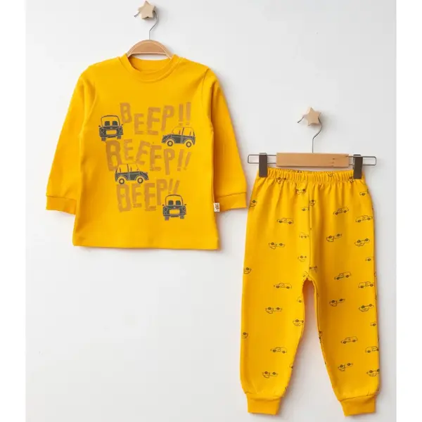 Mini Damla Pijama Takımı Penye Beep Beep Araba Baskılı Sarı