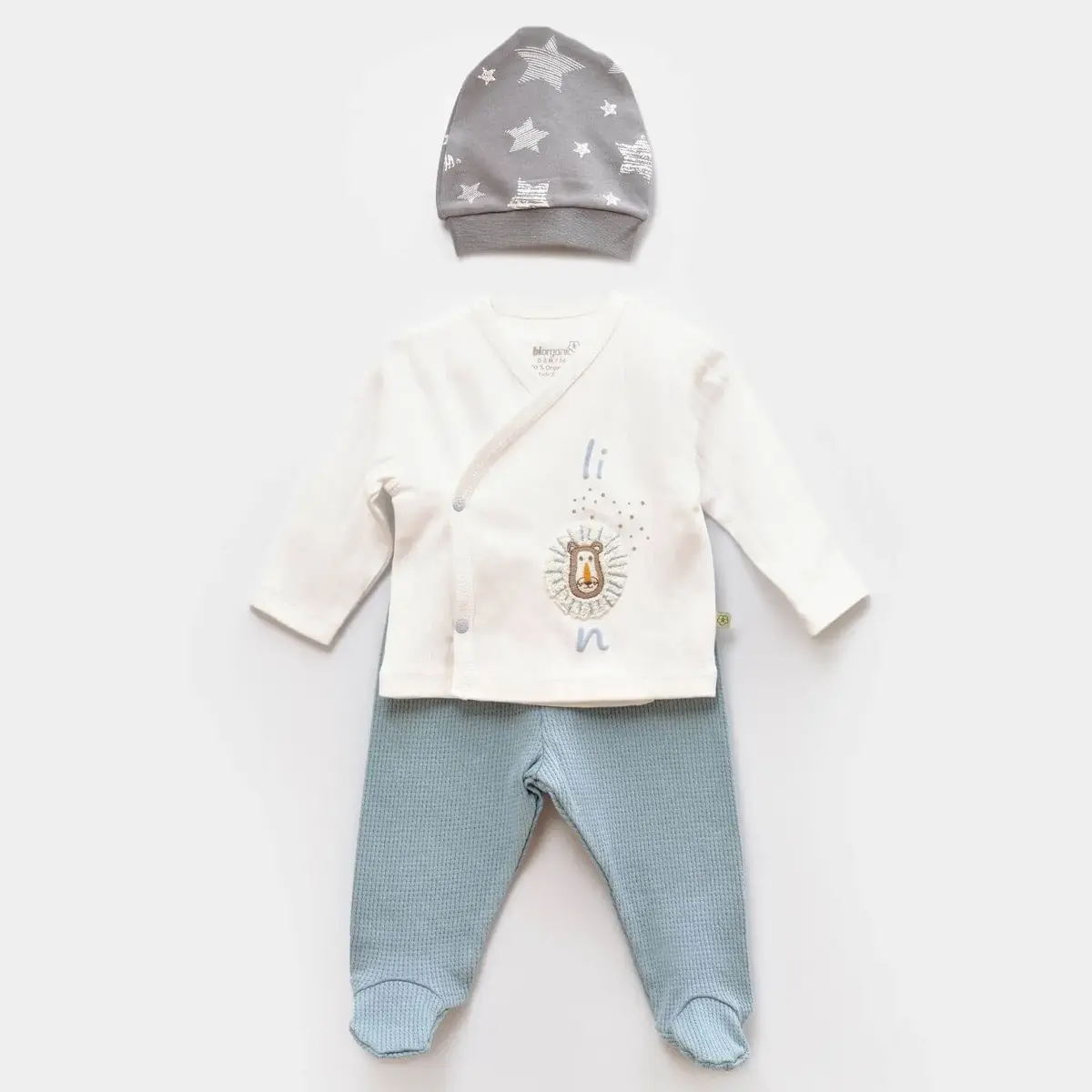 Bibaby Organik Zıbın Takımı 3Lü Brave Lion Ekru - Turkuaz