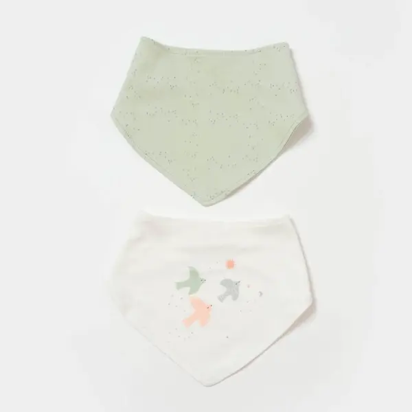Bibaby Organik Fular Önlük 2li  Tiny Birds Ekru - Yeşil