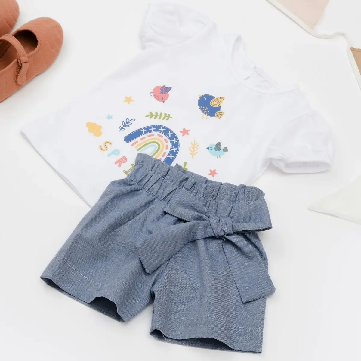 Bibaby 2li Takım Şortlu Spring Bird Beyaz