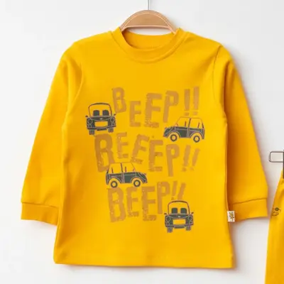 Mini Damla Pijama Takımı Penye Beep Beep Araba Baskılı Sarı