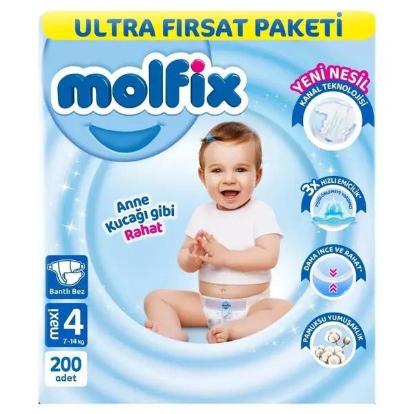 Molfix Bebek Bezi 3D 4 Beden Maxi 7-14 Kg 100lü Ultra Fırsat Paketi x2