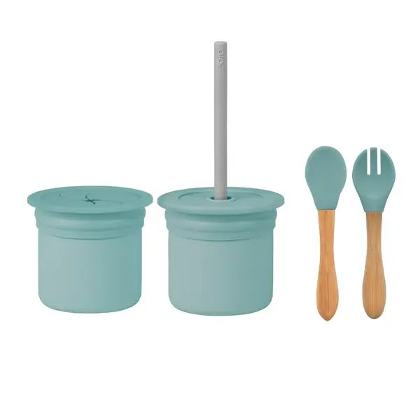 Oioi Pipetli Bardak+ Çatal Kaşık Seti Aqua Green