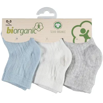 Bibaby Organik Çorap Soket 3lü Basic Desenli Ekru - Mavi - Gri