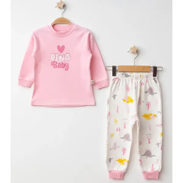 Mini Damla Pijama Takımı Penye Dino Baby Baskılı Pembe