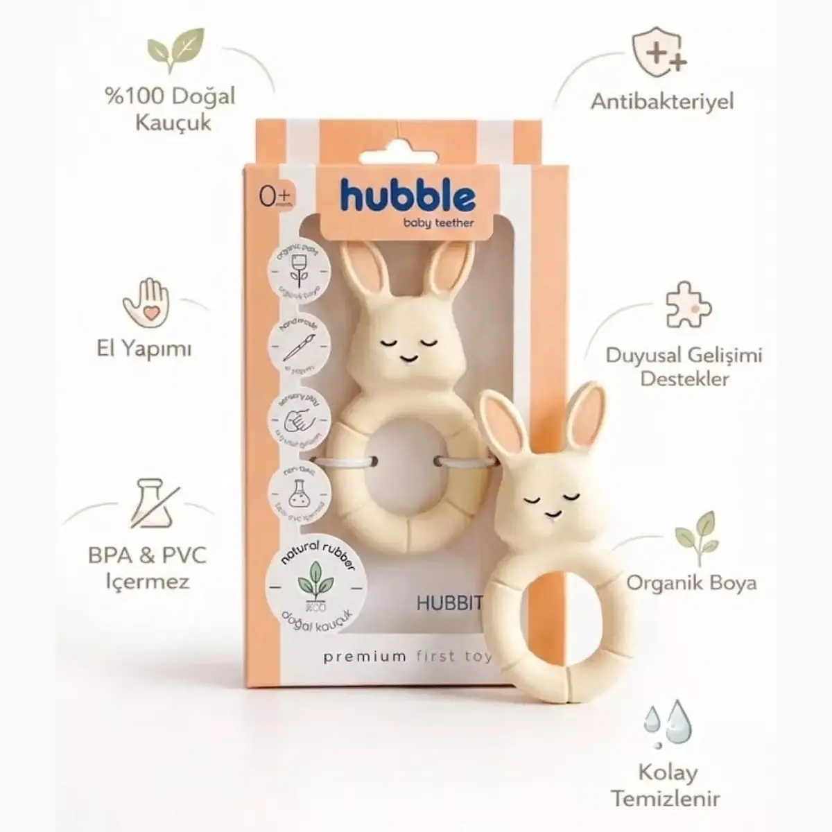 Hubble Doğal Bebek Diş Kaşıyıcı Ve Oyuncağı Tavşan Halkalı