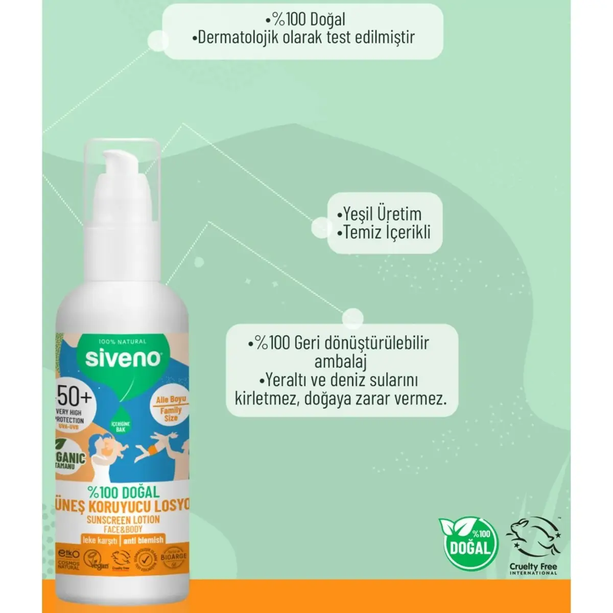 Siveno %100 Doğal Tüm Aile İçin Güneş Losyonu 50 SPF