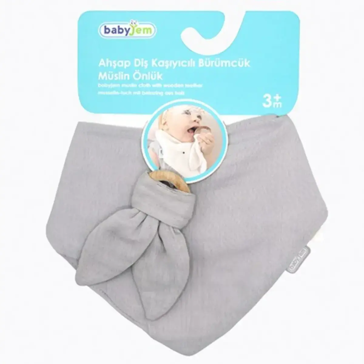 Babyjem Ahşap Diş Kaşıyıcılı Bürümcük Müslin Önlük Gri
