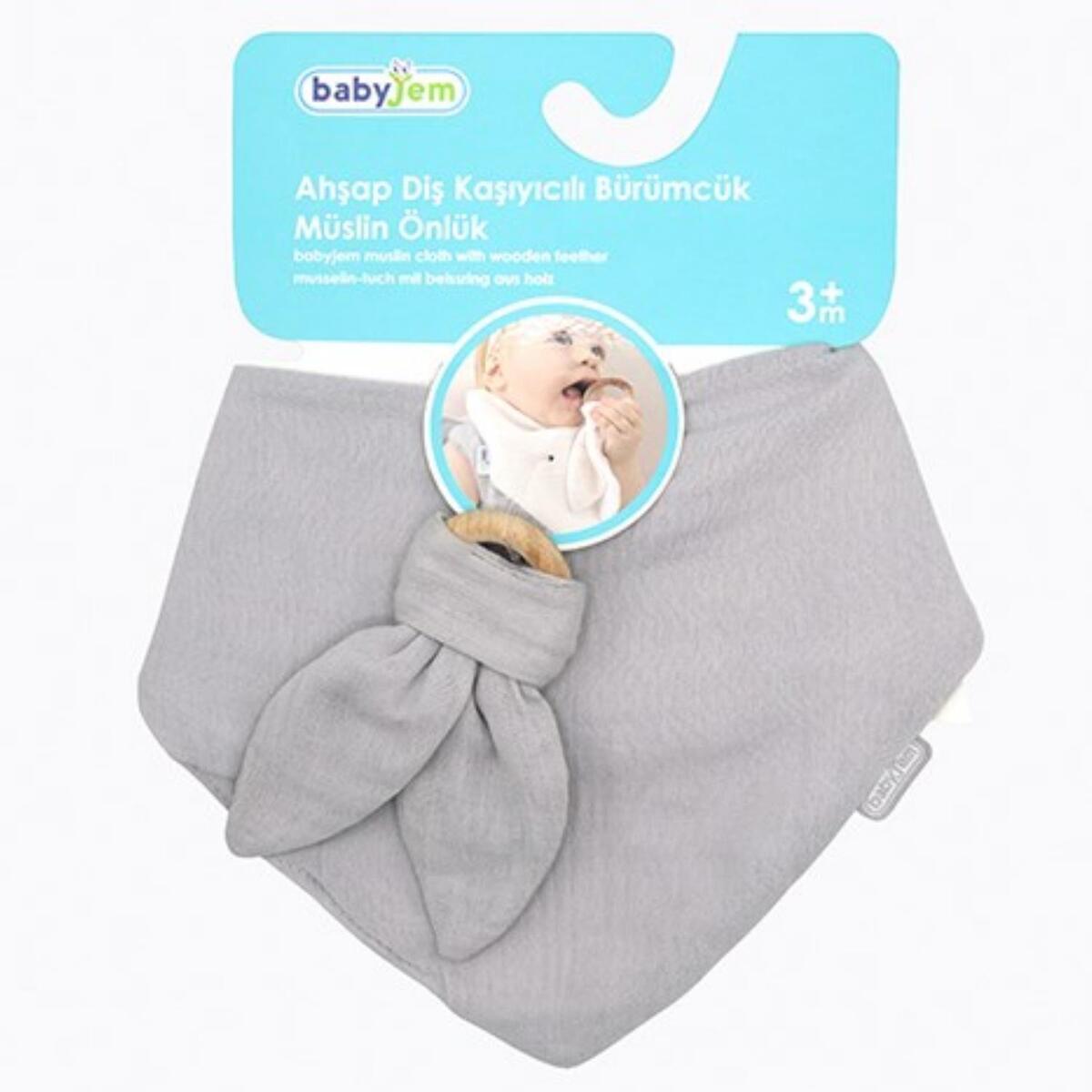 Babyjem Ahşap Diş Kaşıyıcılı Bürümcük Müslin Önlük Gri