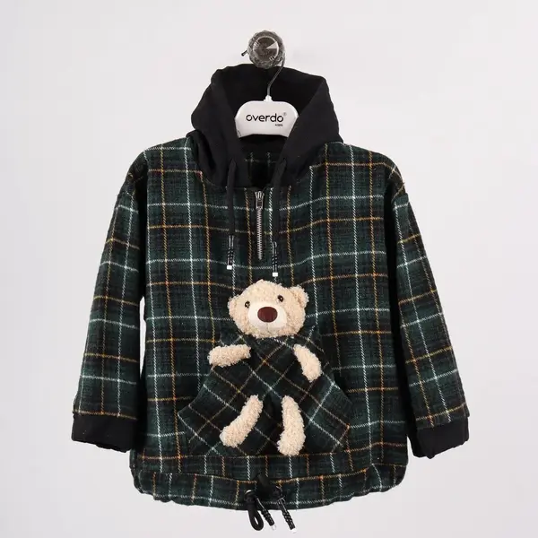 Overdo Sweatshirt Ayıcıklı Ekoseli Yeşil