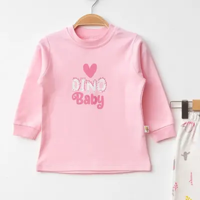 Mini Damla Pijama Takımı Penye Dino Baby Baskılı Pembe