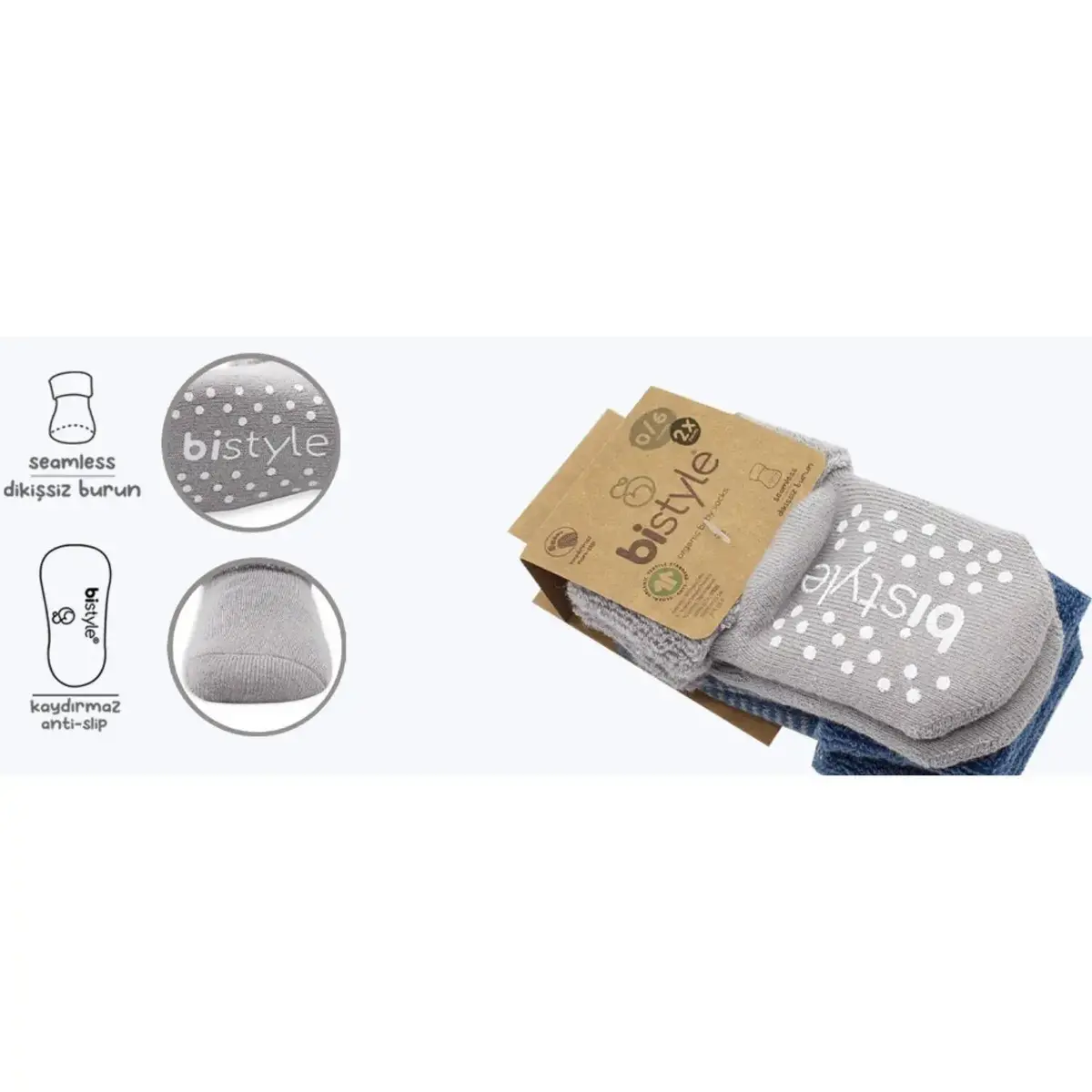 Bistyle Organik Çorap Soket Havlu 2li Kaymaz Çemberli Kıvrık  İndigo - Gri