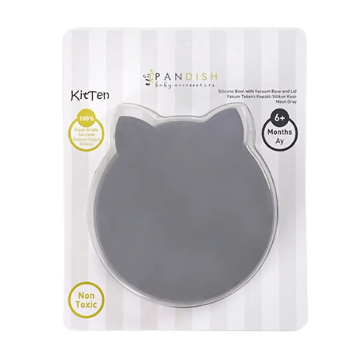 Pandish Kitten Vakum Tabanlı Kapaklı Silikon Kase Gri