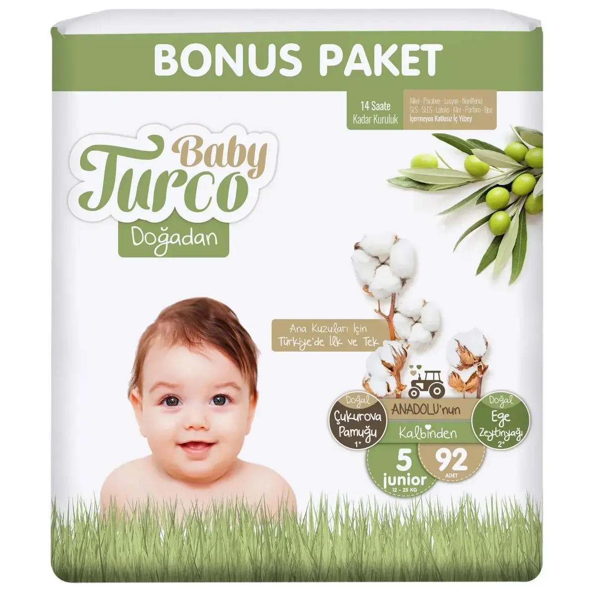 Baby Turco Doğadan Bebek Bezi 5 Beden Junior 92 Adet Bonus Paket 