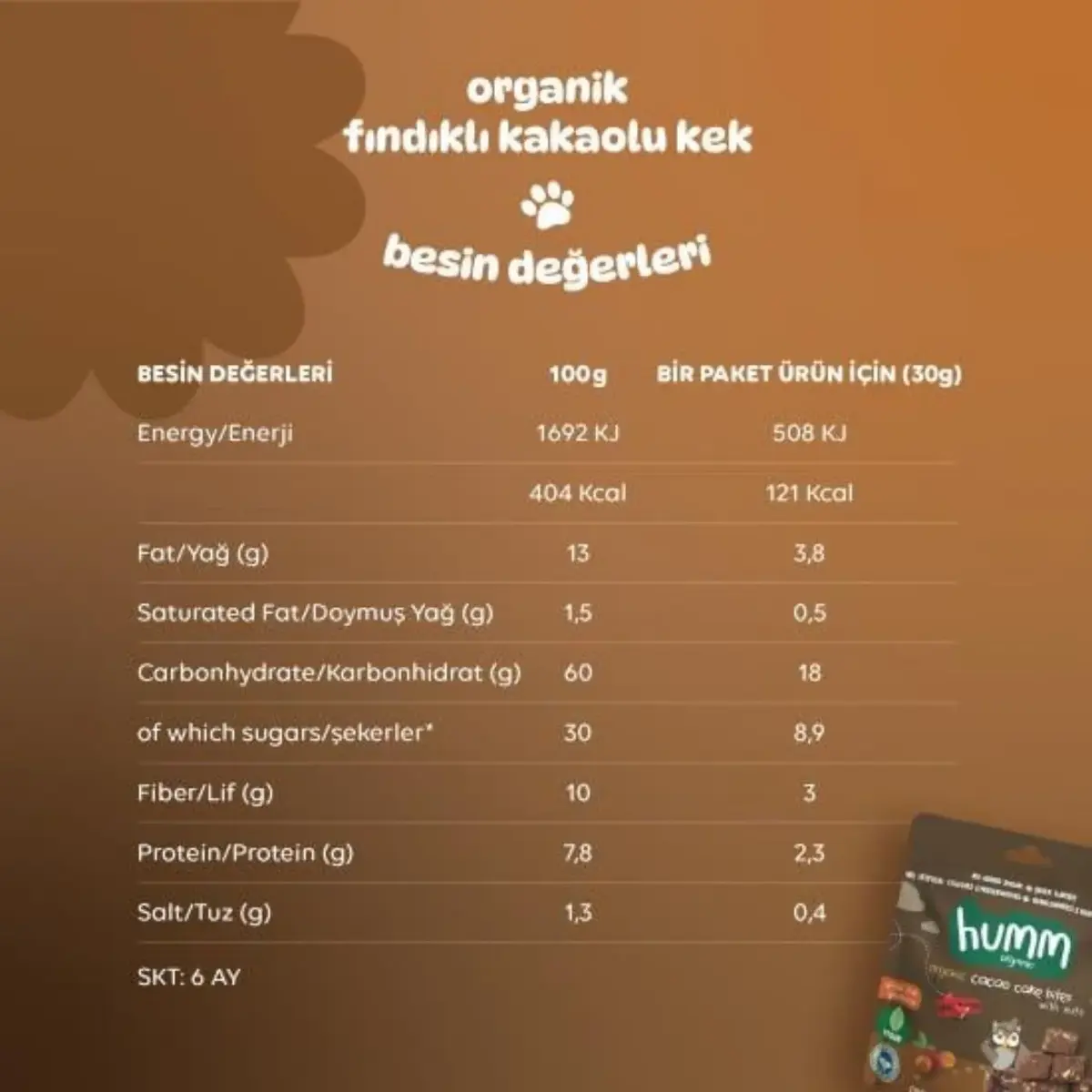 Organik Glutensiz Vegan Kakaolu ve Fındıklı Kek 30 gr