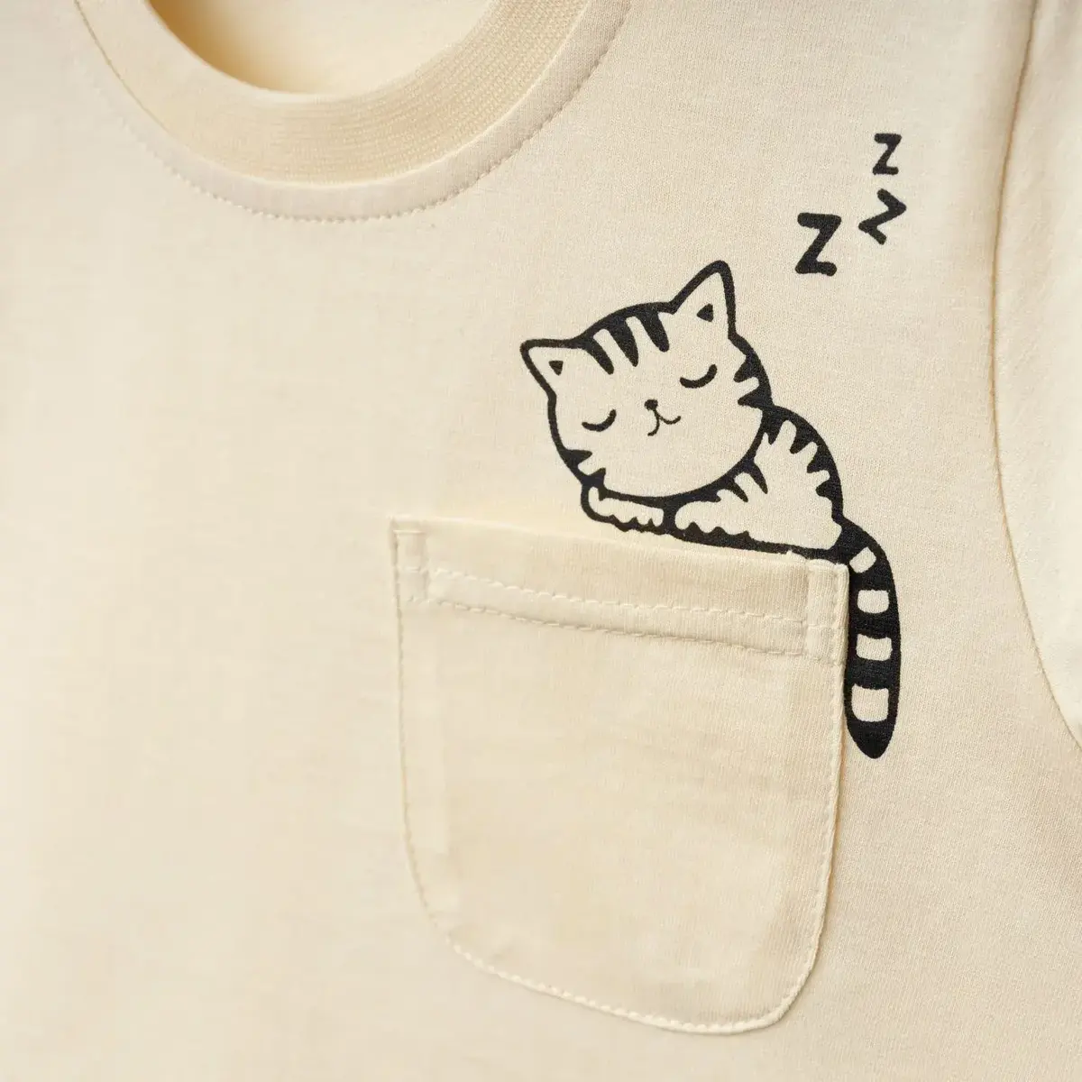 Bebolly T-Shirt Uykucu Kedi Baskılı Bej