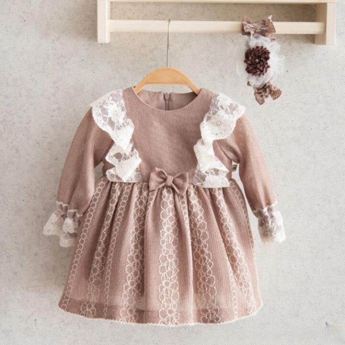 Miomini Elbise Saç Bantlı Triko Roba Dantelli Pudra