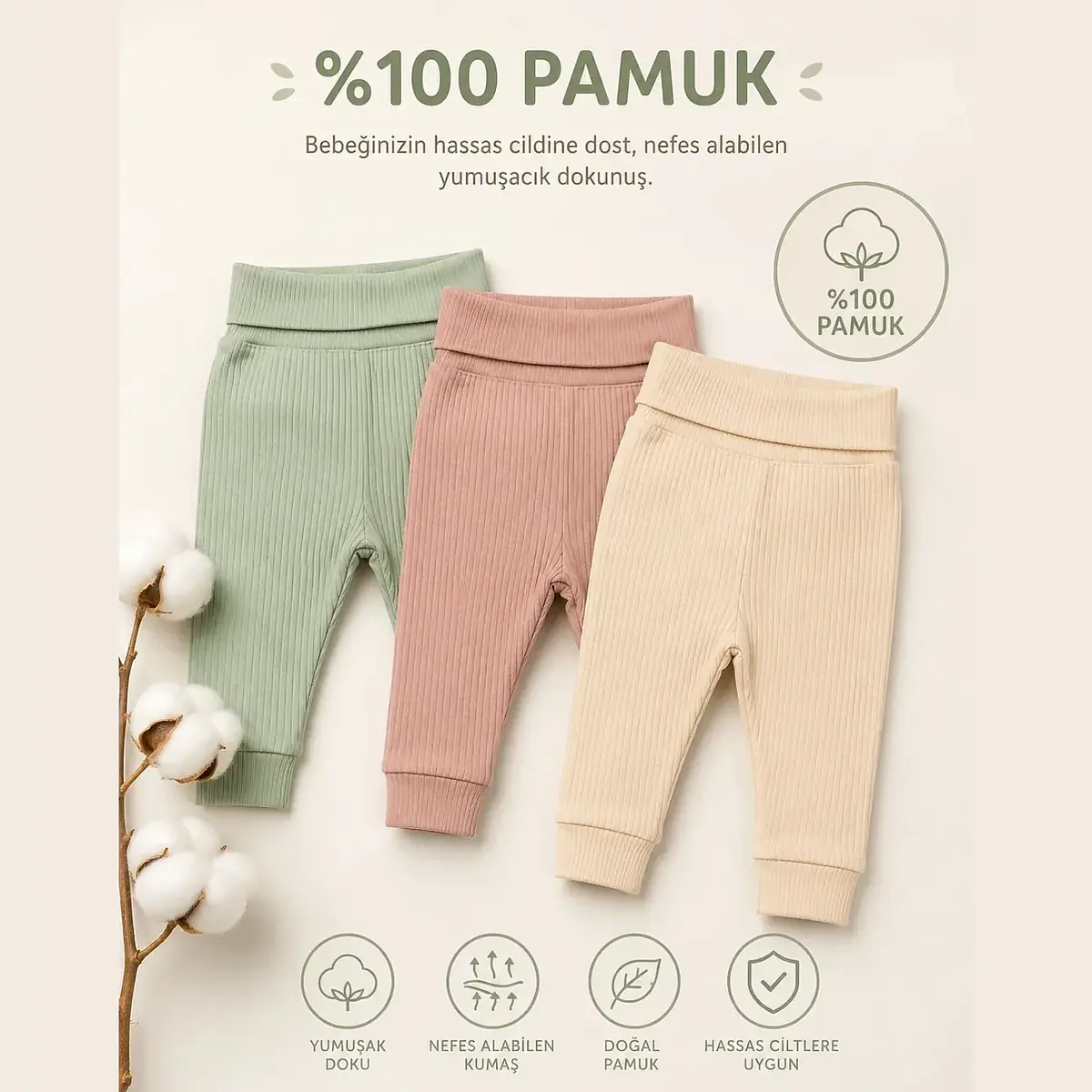 Angeltouch Pantolon Patiksiz Raporlu 3'lü Set Kız Erkek Unisex Bebek 9-12 Ay