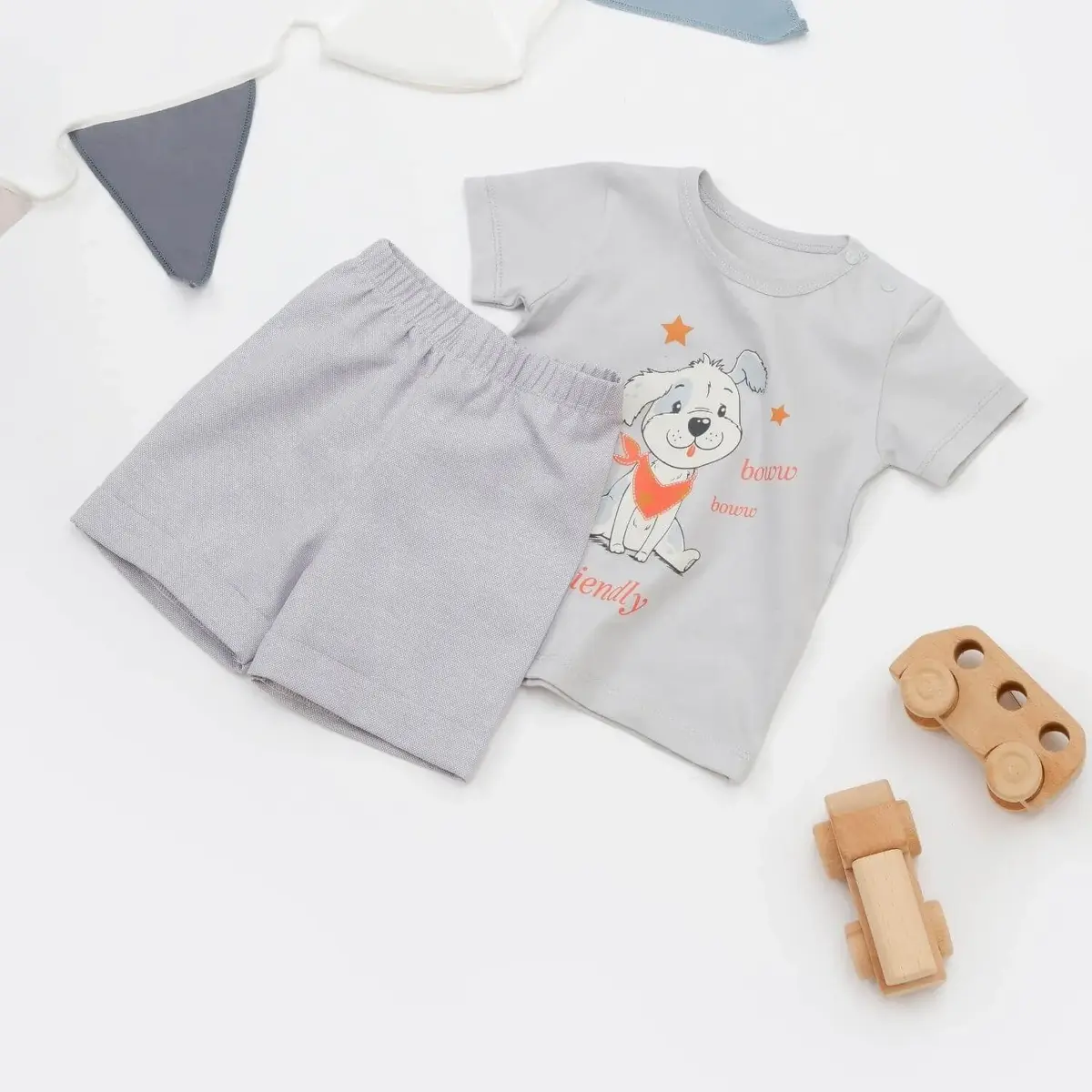 Bibaby 2Li Takım Şortlu Bow Dog Beyaz
