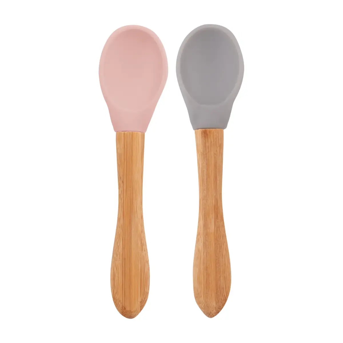 OiOi Silikon Mama Kaşığı 2li Bambu Saplı 9+ Ay Pinky Pink - Powder Grey