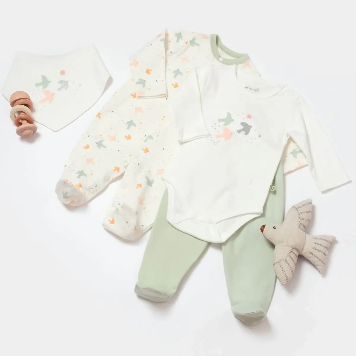 Bibaby Organik Tulum Takımı 3lü Tüllü Tiny Birds Ekru - Yeşil
