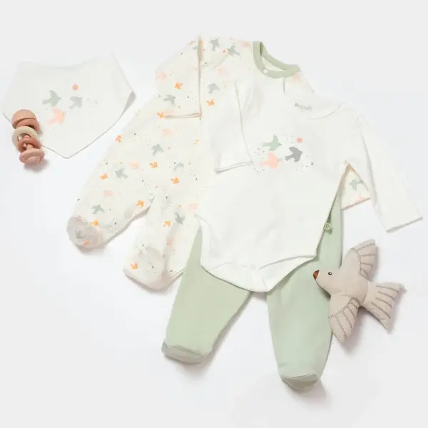 Bibaby Organik Tulum Takımı 3lü Tüllü Tiny Birds Ekru - Yeşil