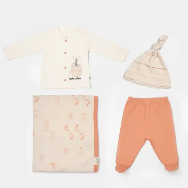 Bibaby Organik Zıbın Takımı Battaniyeli Tüllü Hello Safari Ekru - Kiremit