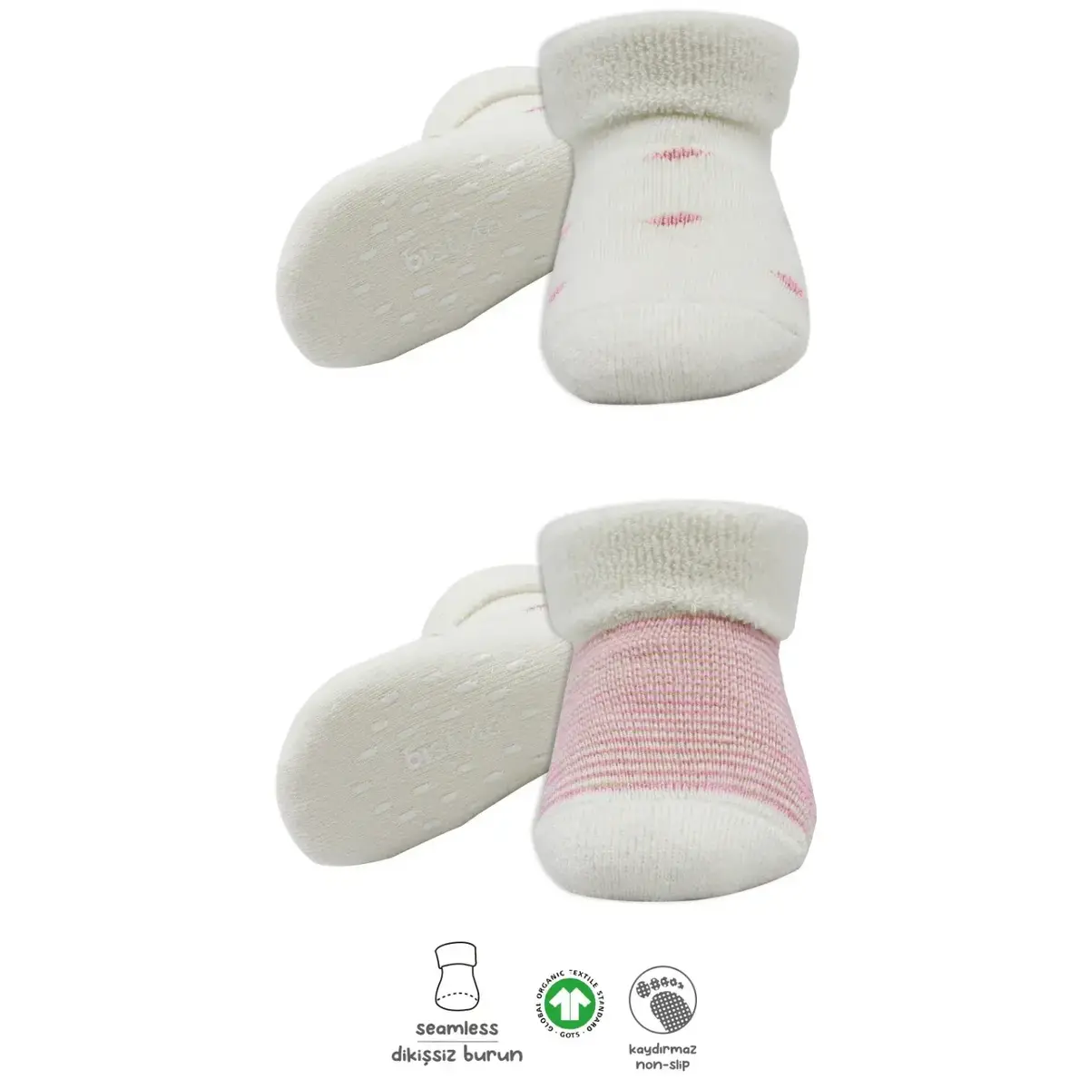 Bistyle Organik Çorap Soket Havlu 2li Kaymaz Çemberli Kıvrık Puanlı  Pudra - Ekru
