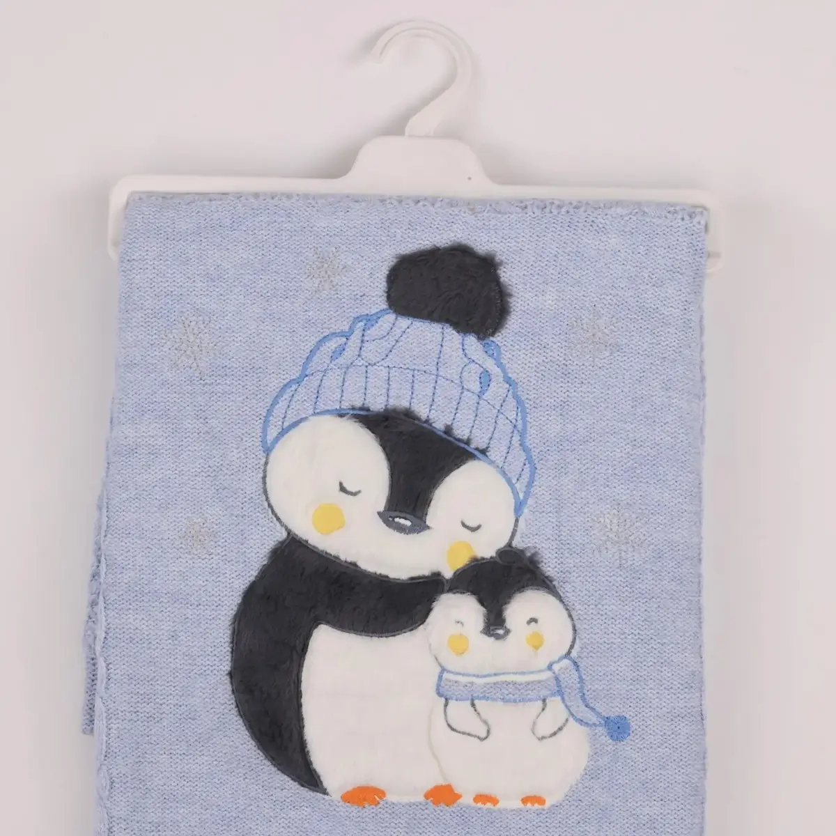 Mini Damla Battaniye Triko Penguen Nakışlı Mavi