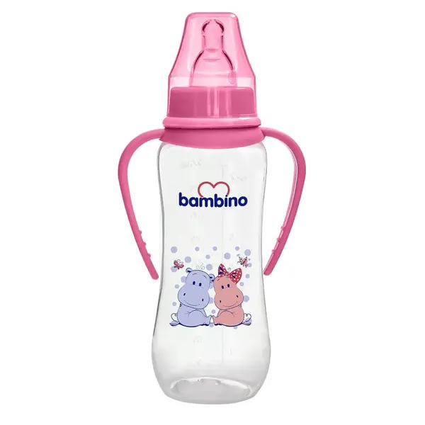 Bambino Silikon Emzikli Kulplu PP Biberon 250 ml Pembe Hippopotam