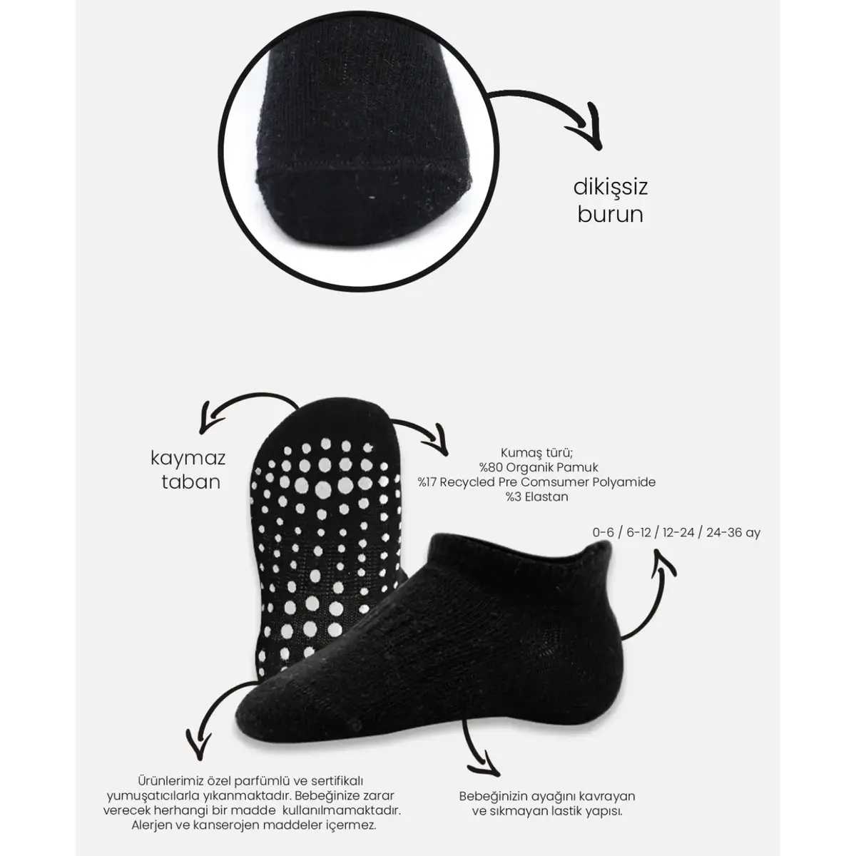 Bibaby Çorap Sneakers Bistyle 6lı Kaymaz Penye Gri
