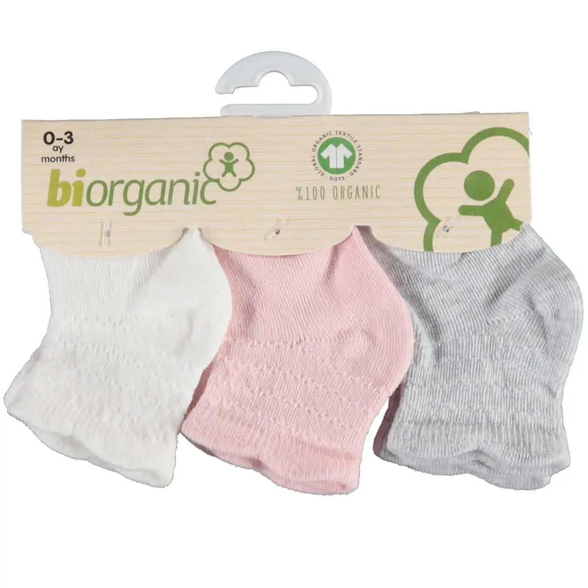 Bibaby Organik Çorap Soket 3lü Basic Desenli Ekru - Pembe - Gri