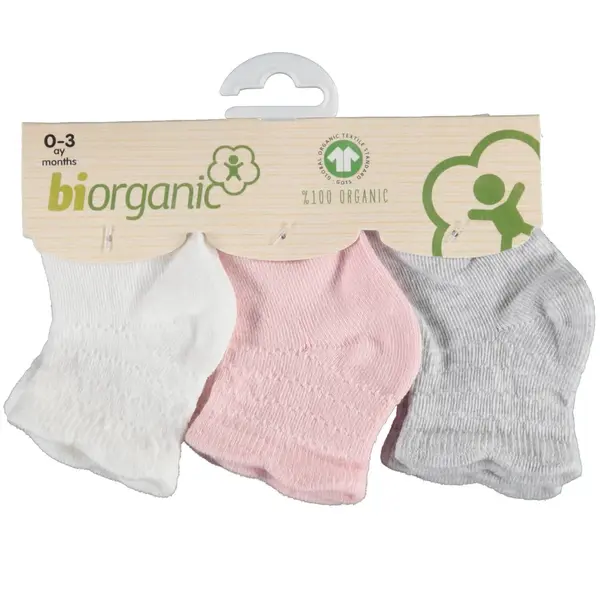 Bibaby Organik Çorap Soket 3lü Basic Desenli Ekru - Pembe - Gri