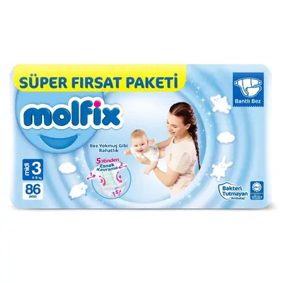 Molfix Bebek Bezi 3 Beden Midi 4-9 Kg 86 lı Süper Fırsat Paketi 