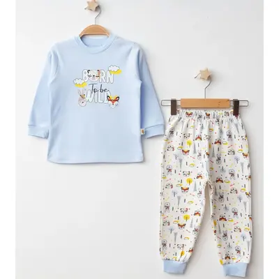 Mini Damla Pijama Takımı Penye Tilki Tavşan Emprime Mavi