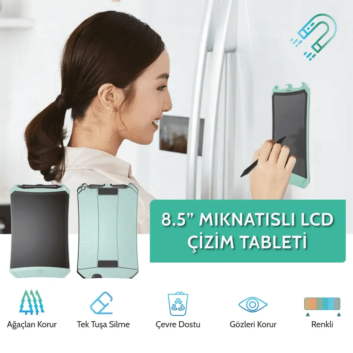 Wicue LCD Dijital Mıknatıslı Renkli Çizim Tableti 8,5" Su Yeşili
