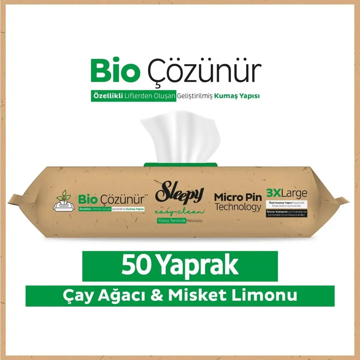 Sleepy Bio Çözünür Yüzey Temizlik Havlusu Çay Ağacı Ve Misket Limonu 50li