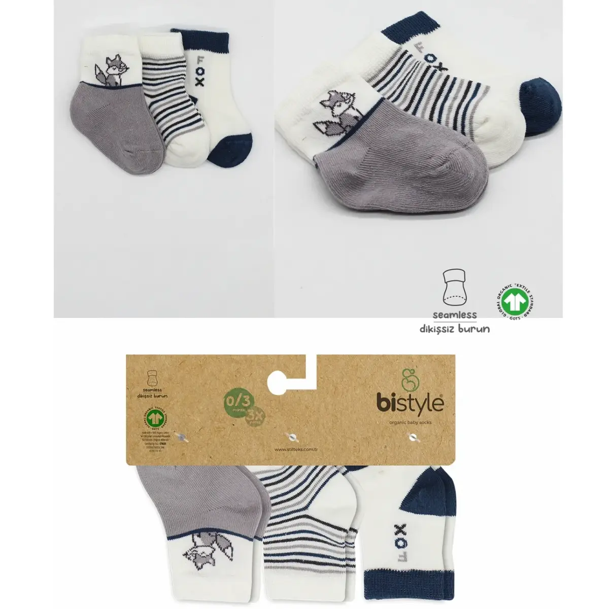 Bibaby Çorap Soket 3lü Bistyle Fox Penye Gri
