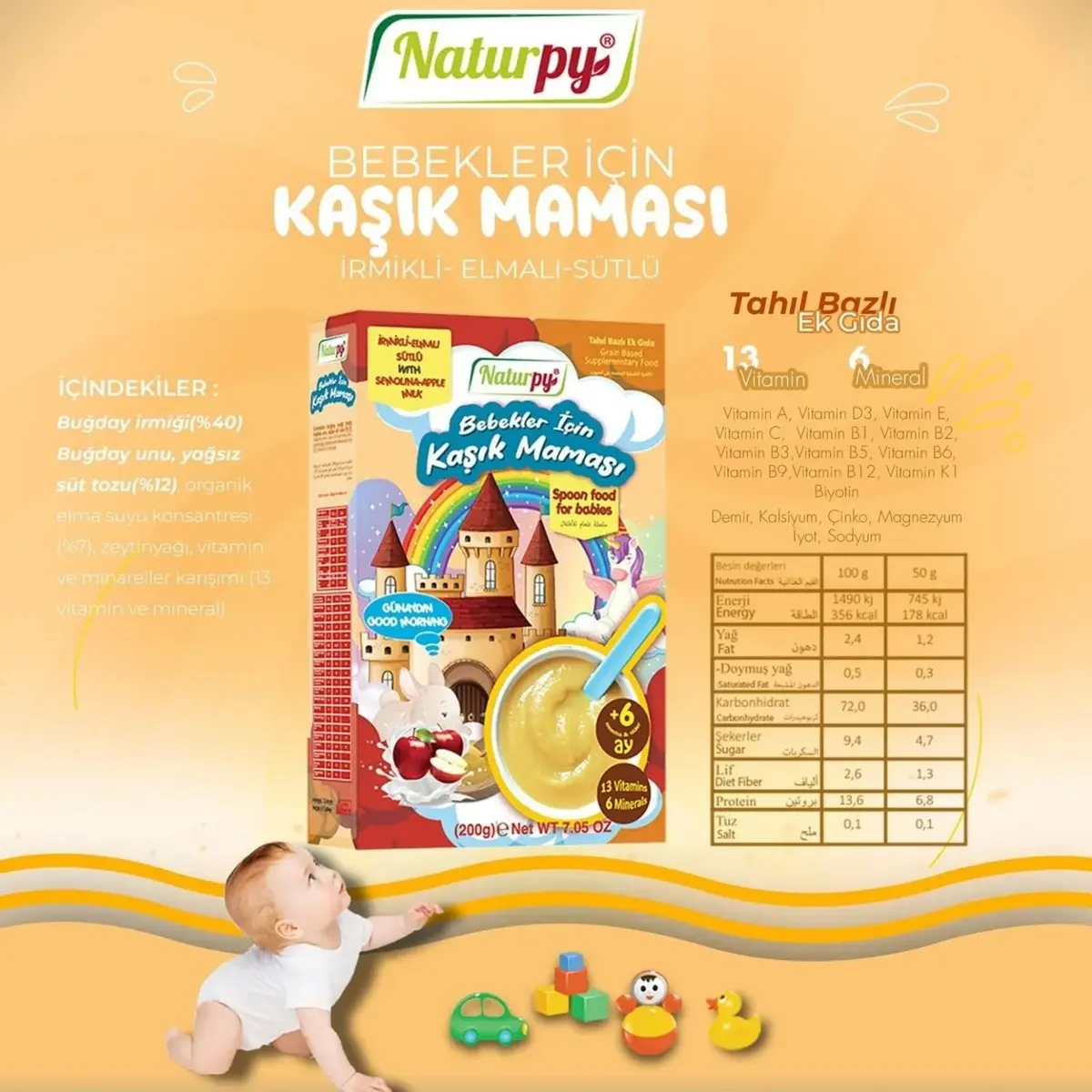 Naturpy 6 Tahıllı Sütlü İrmik ve Elmalı Kaşık Maması 200 gr